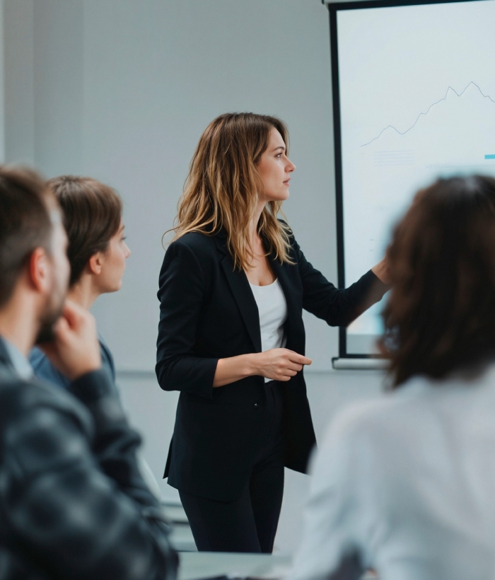 Coach professionnelle animant une présentation devant un groupe avec support visuel